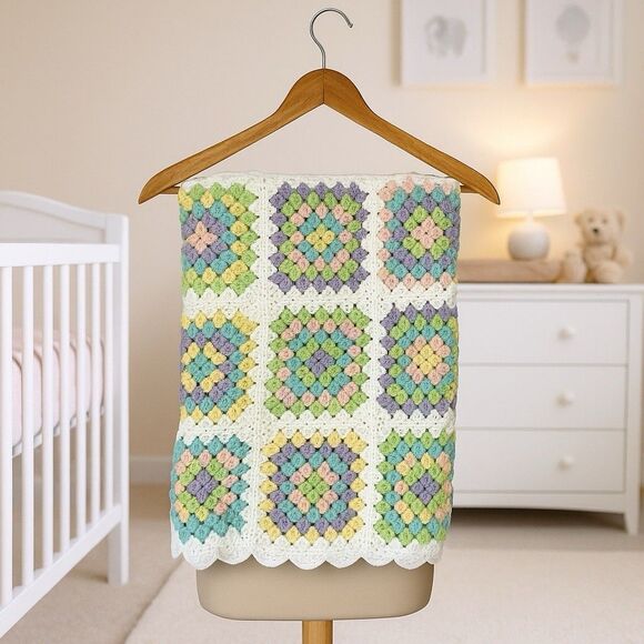 Handmade Crochet Baby Blanket Unisex Pastel Cottagecore Vintage Nursery Swiftie - Picture 1 of 16